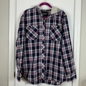 NWT Pop Icon navy blue/white/pink plaid long sleeved hooded shirt size Lg.